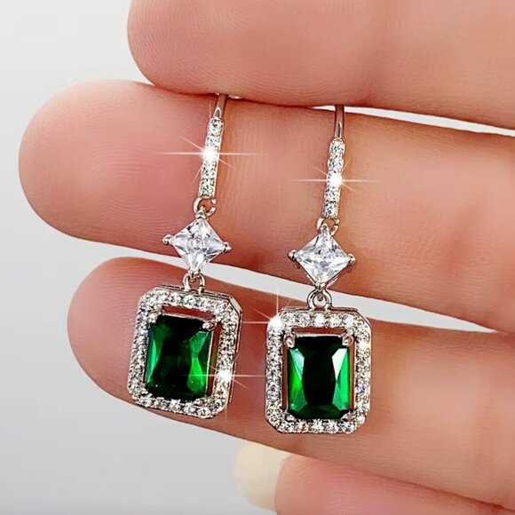 18k White Gold Emerald Green Diamond Earrings Dangle Drop Earrings - Picture 4 of 7